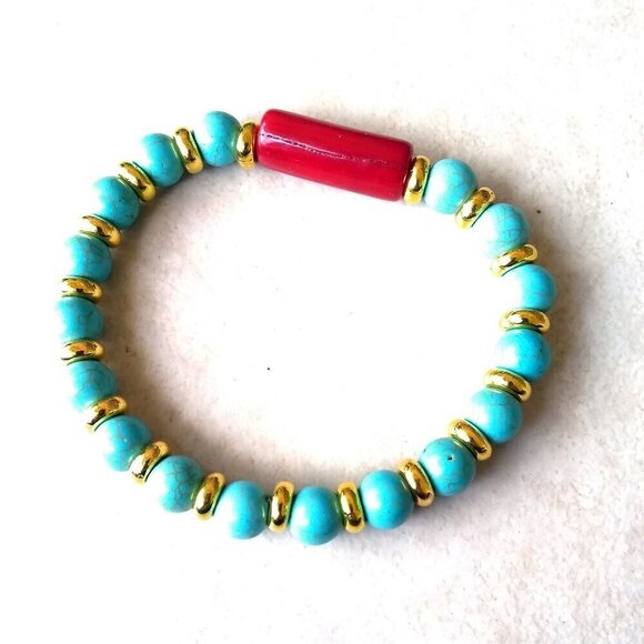 Red Coral + Turquoise Howlite + Golden Brass Spacers Bracelet ~ Summer Ready! - Picture 2 of 7